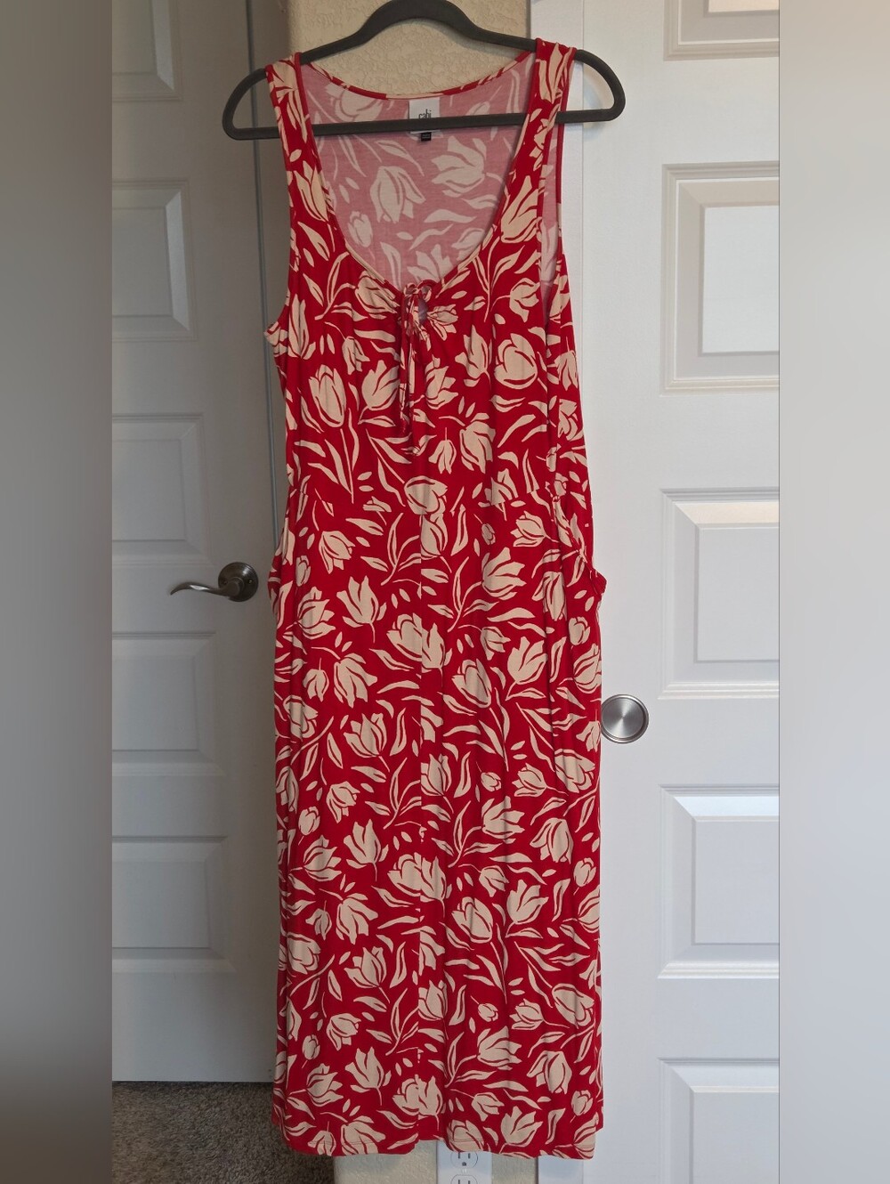 CAbi Red Maxi Dress with Cream Floral Motif